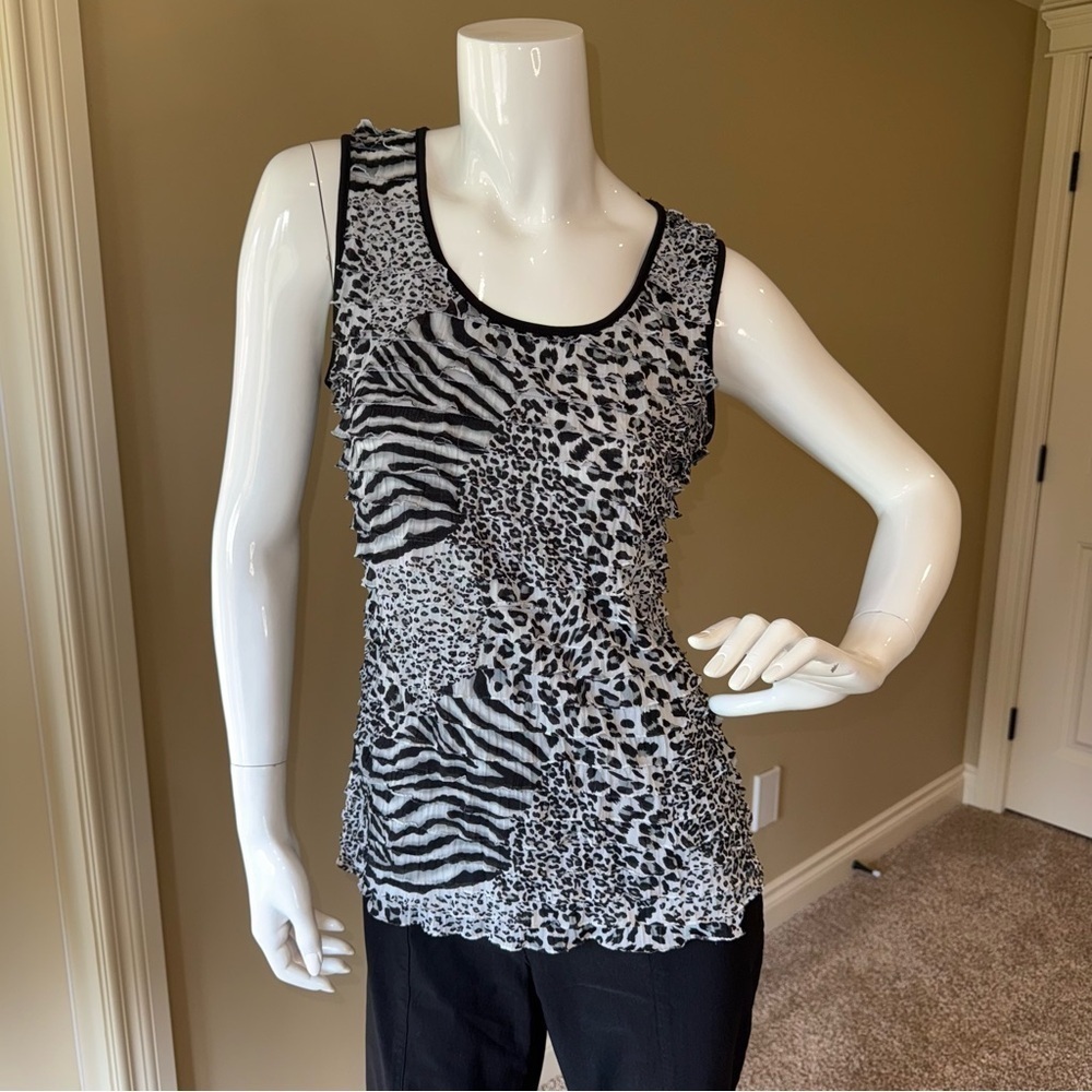 Reitmans Black White Fitted Sleeveless Tank Top Layered Ruffles Animal Orint